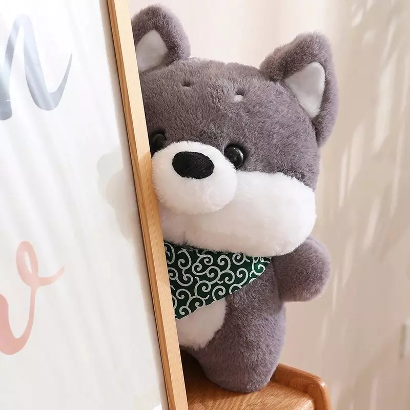 Gray Shiba plush with hidden green bandana