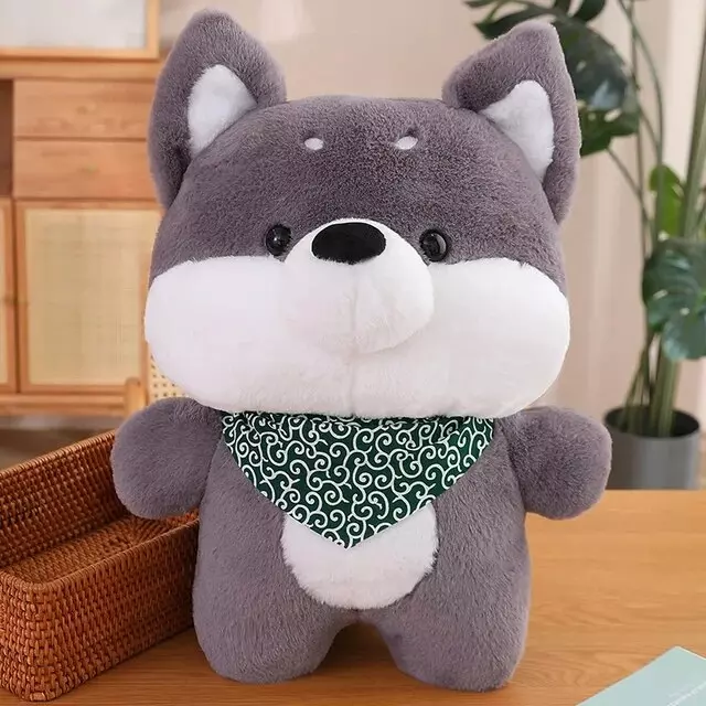Gray Shiba plush with green bandana
